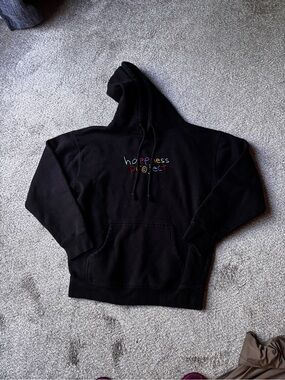 Black Large 'happiness project' Embroidered Hoodie